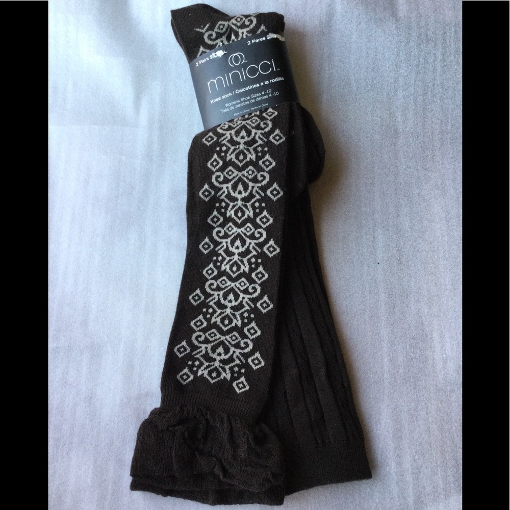 Minicci 2 Pair Knee Socks Rib Cable Knit Brown/Brown Ivory Patterned Womens 4-10